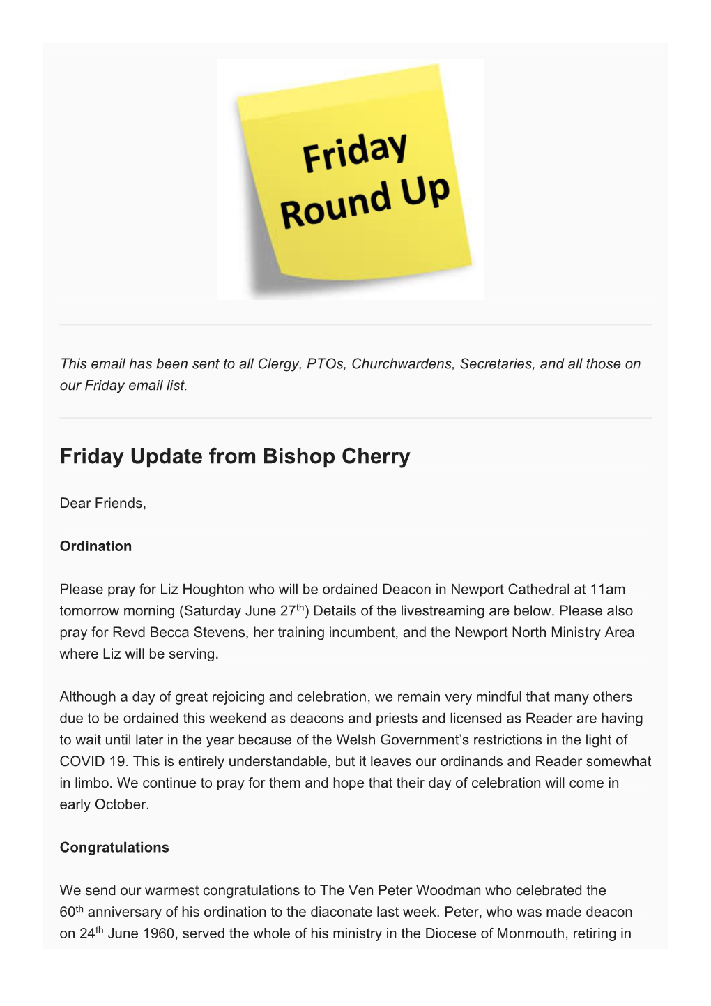 Friday Update from Bishop Cherry