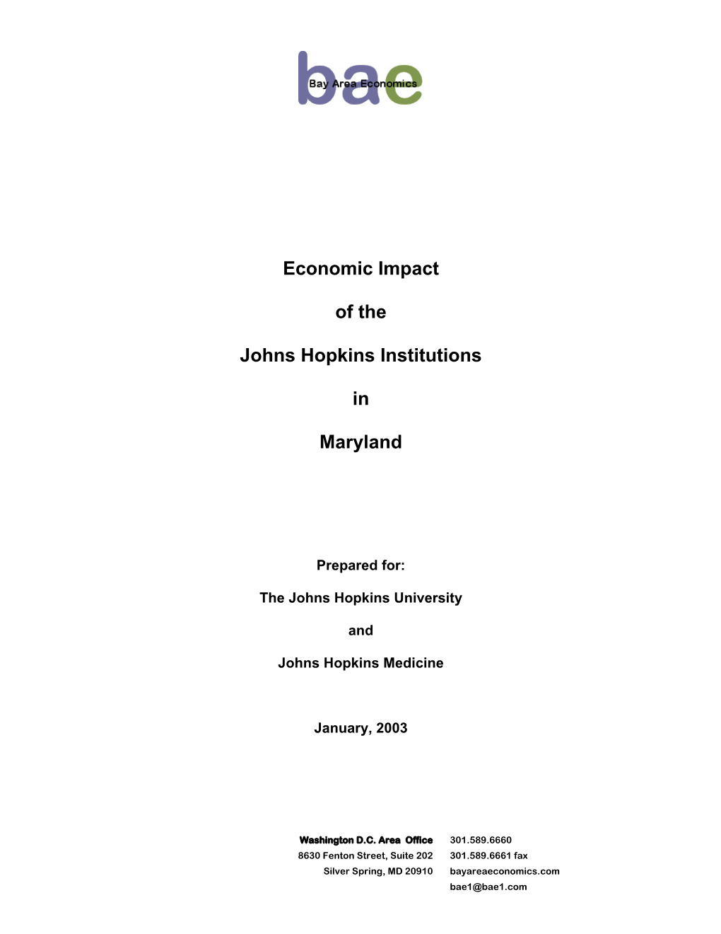 Economic Impact of the Johns Hopkins Institutions in Maryland