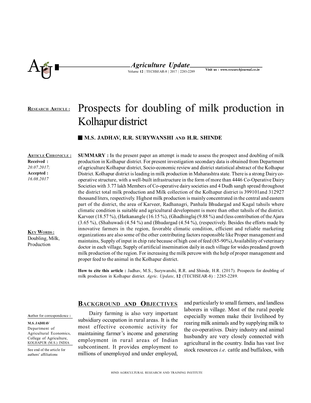 Prospects for Doubling of Milk Production in Kolhapur District