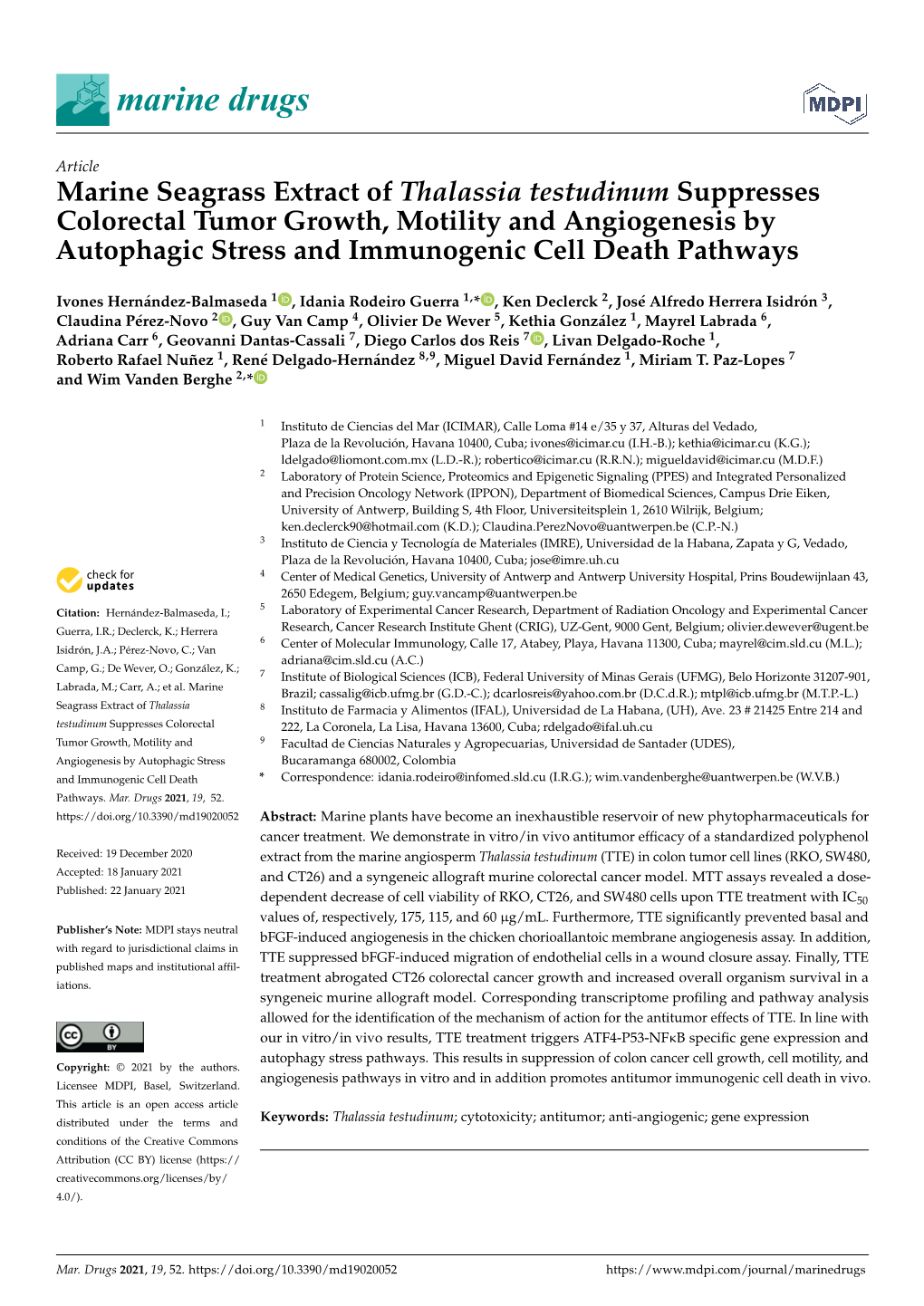 Marine Seagrass Extract of Thalassia Testudinum Suppresses Colorectal Tumor Growth, Motility and Angiogenesis by Autophagic Stress and Immunogenic Cell Death Pathways