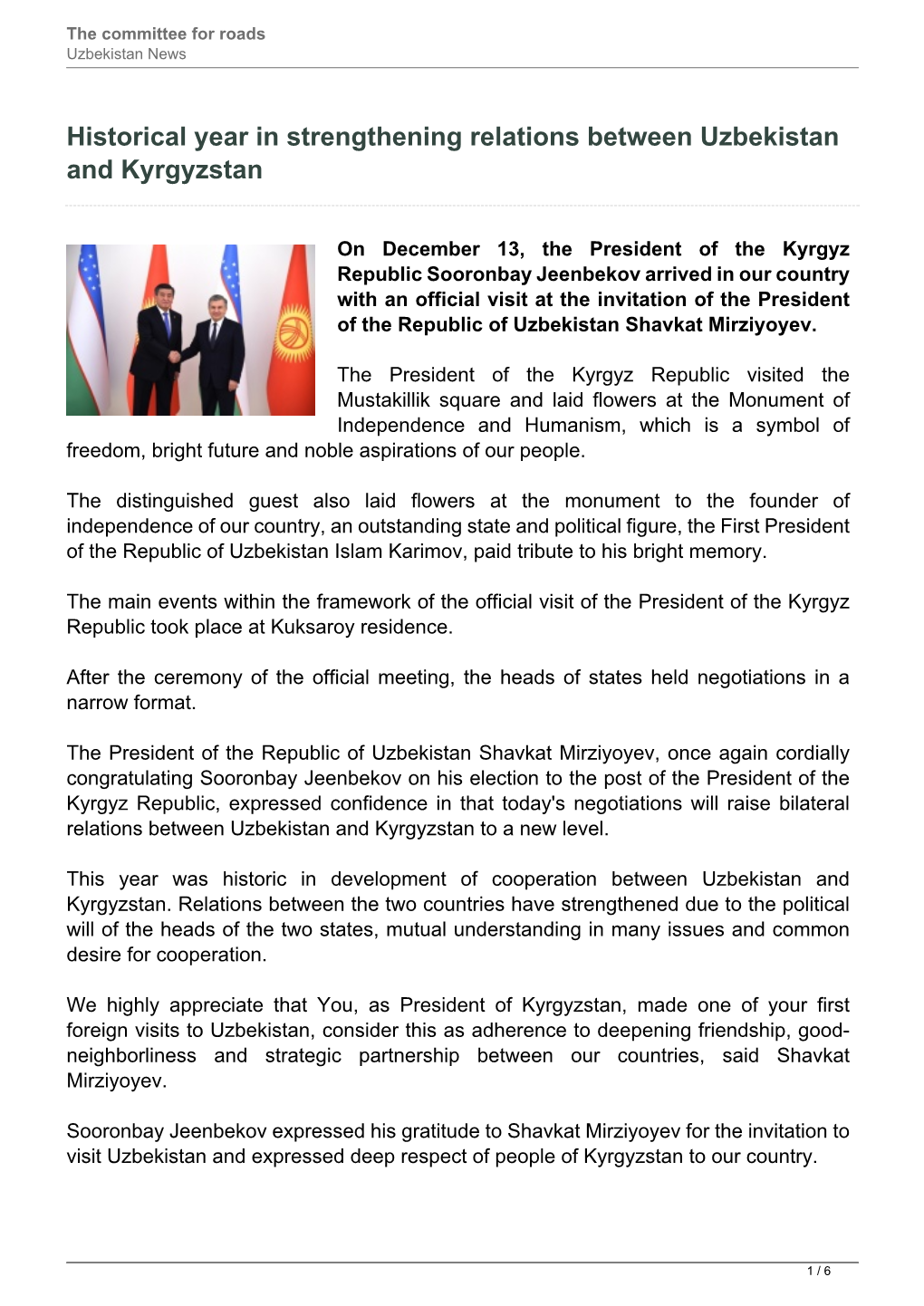 Historical Year in Strengthening Relations Between Uzbekistan and Kyrgyzstan