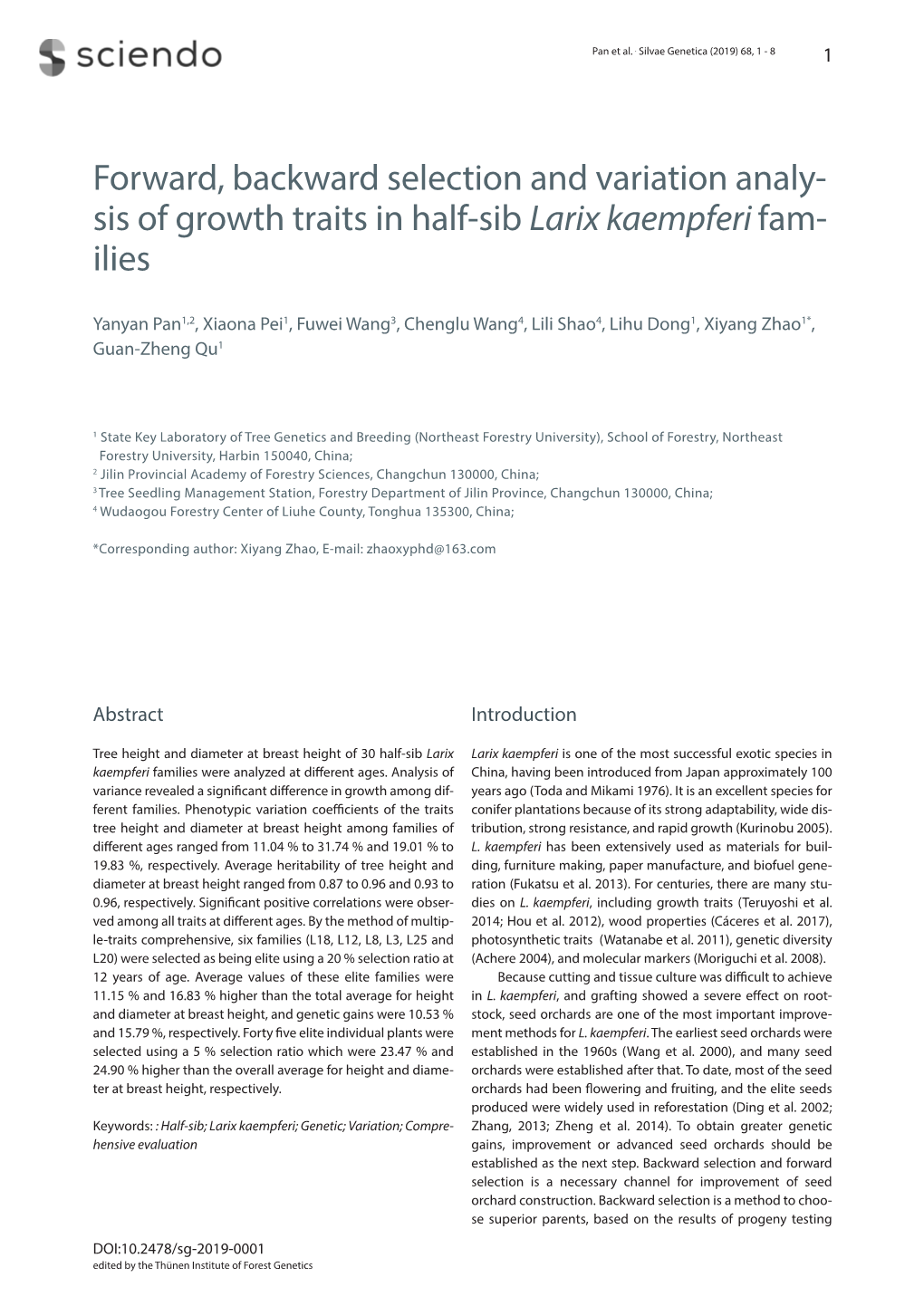 Sis of Growth Traits in Half-Sib Larix Kaempferi Fam- Ilies