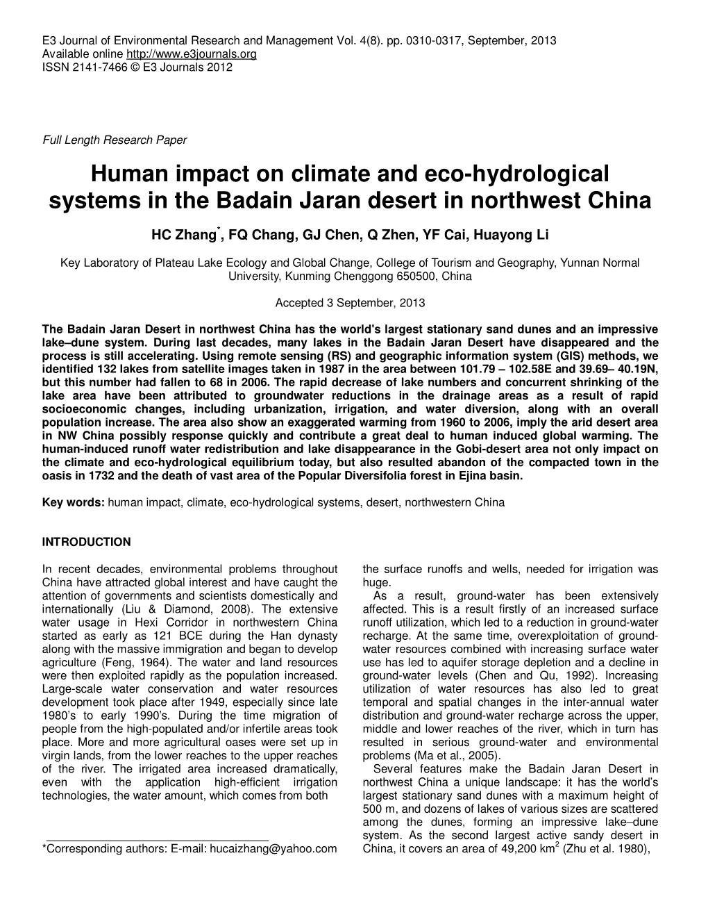 Human Impact on Climate and Eco-Hydrological Systems in the Badain Jaran Desert in Northwest China