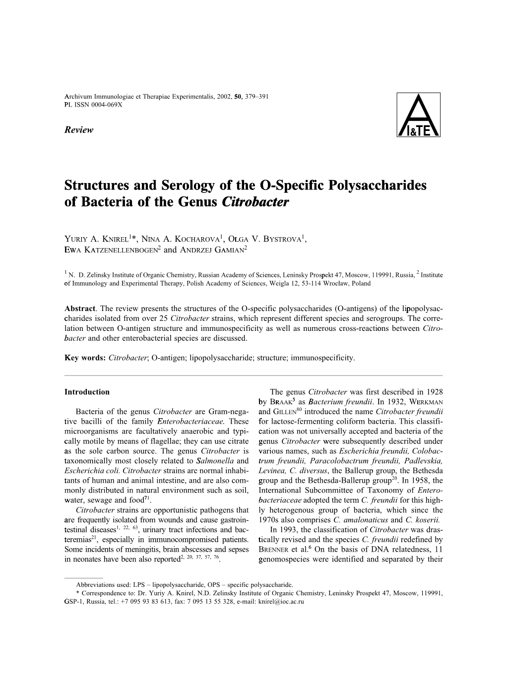 Structures and Serology of the O-Specific Polysaccharides of Bacteria of the Genus Citrobacter