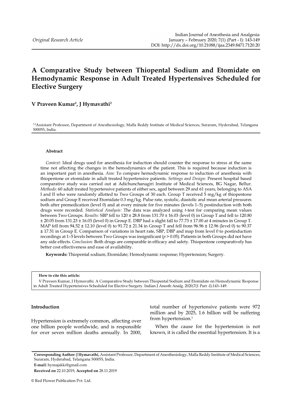 A Comparative Study Between Thiopental Sodium and Etomidate