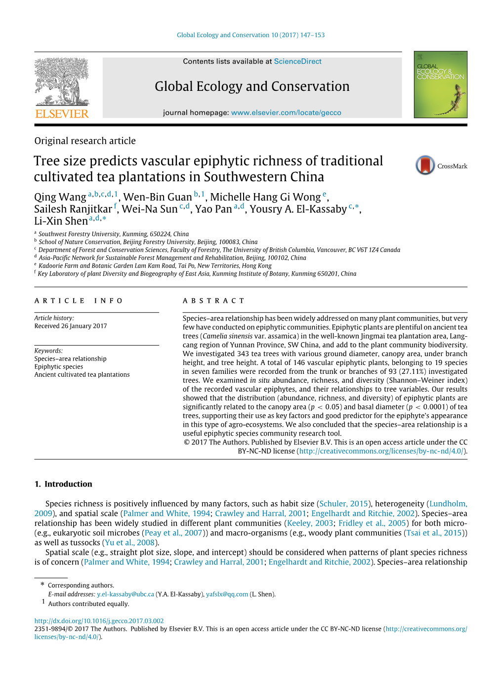 Global Ecology and Conservation Tree Size Predicts Vascular Epiphytic Richness of Traditional Cultivated Tea Plantations in Sout