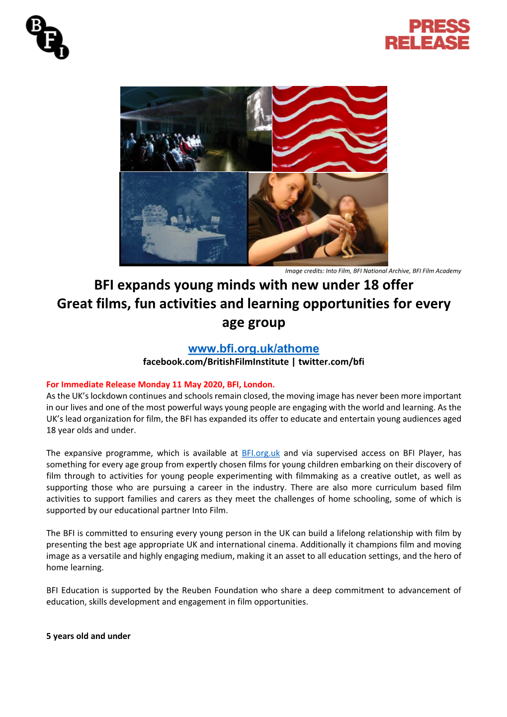 BFI Expands Young Minds with New Under 18 Offer Great Films, Fun Activities and Learning Opportunities for Every Age Group