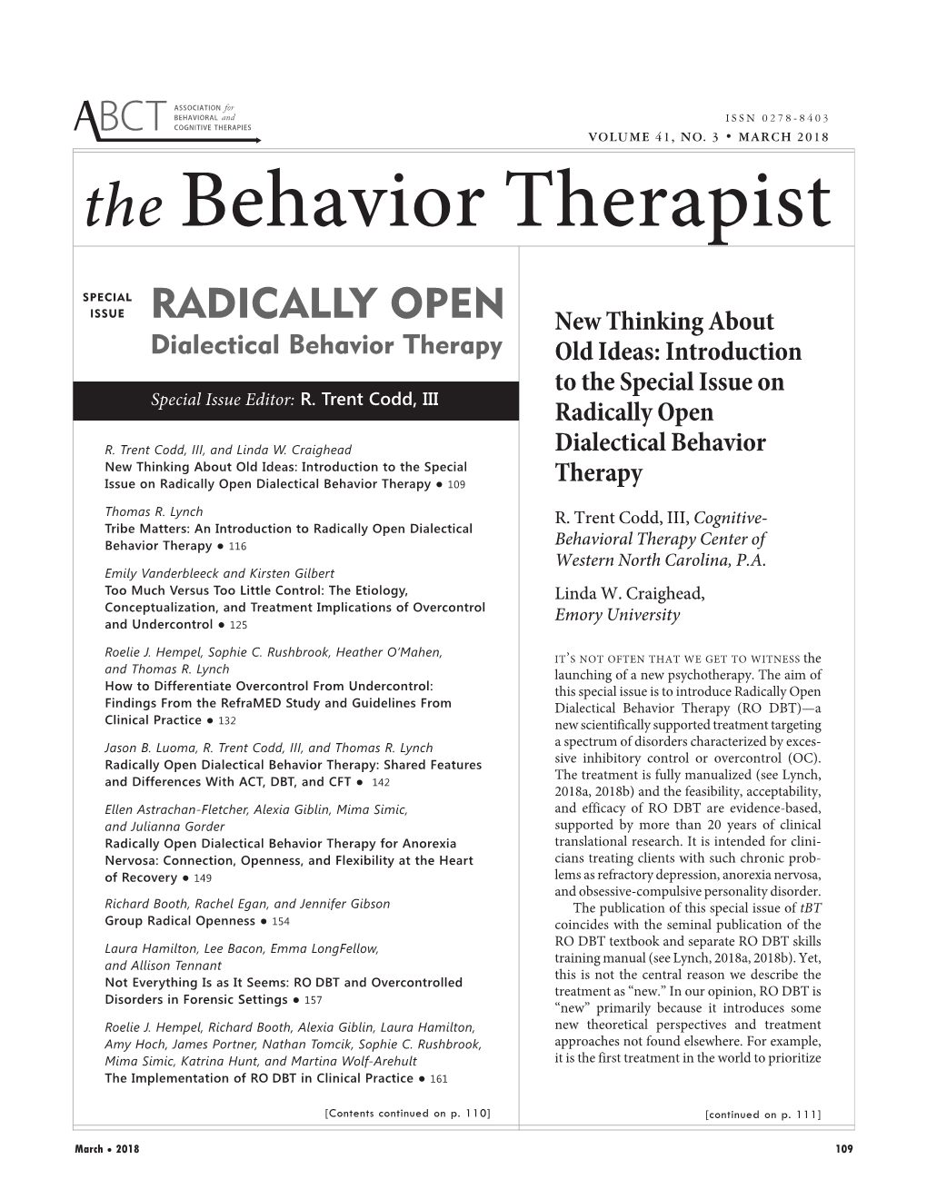 The Behavior Therapist's RO DBT Special Issue