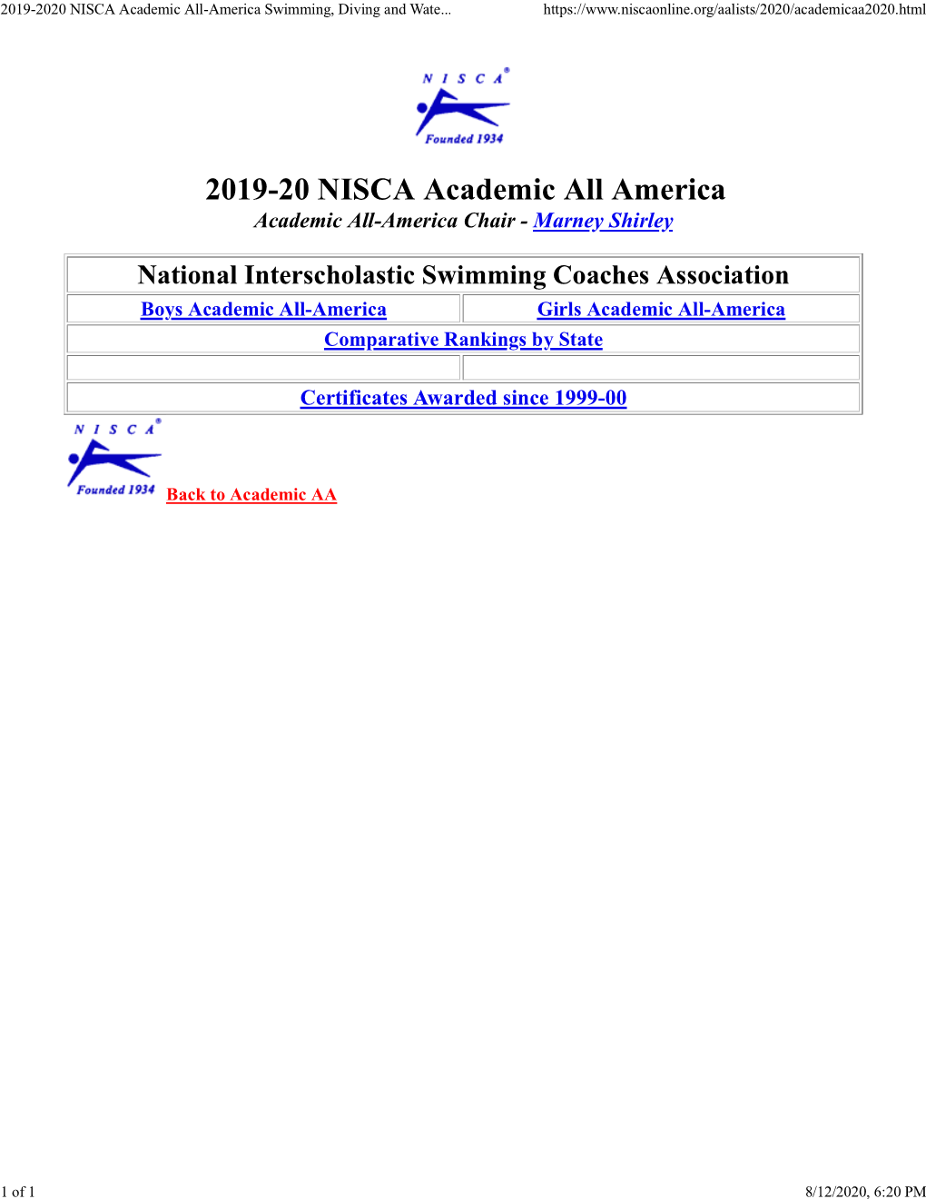 2019-2020 NISCA Academic All-America Swimming, Diving and Wate