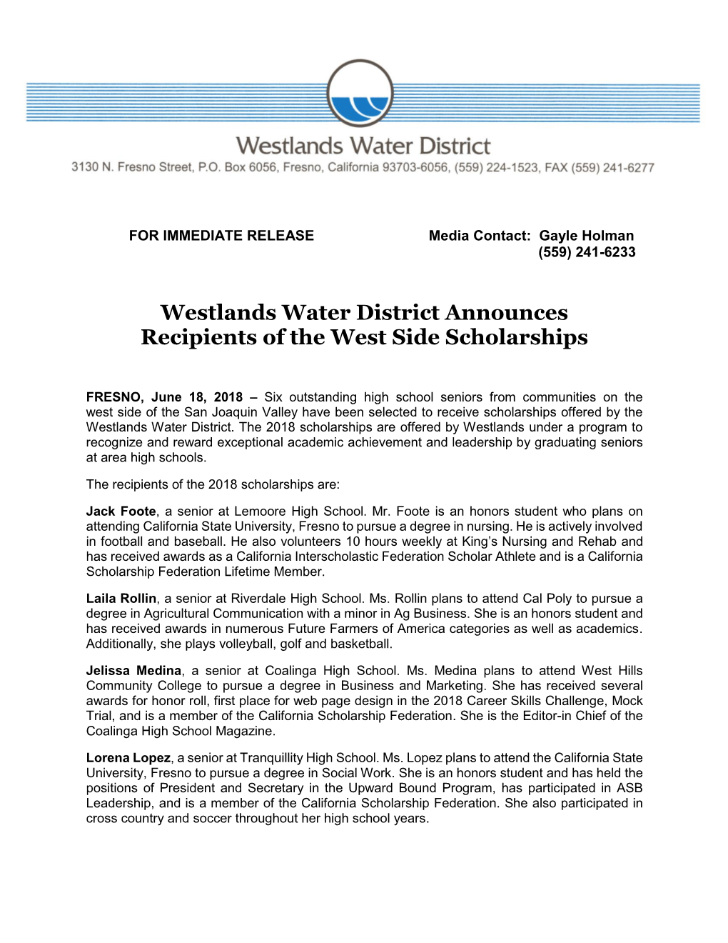 Westlands Water District Announces Recipients of the West Side Scholarships