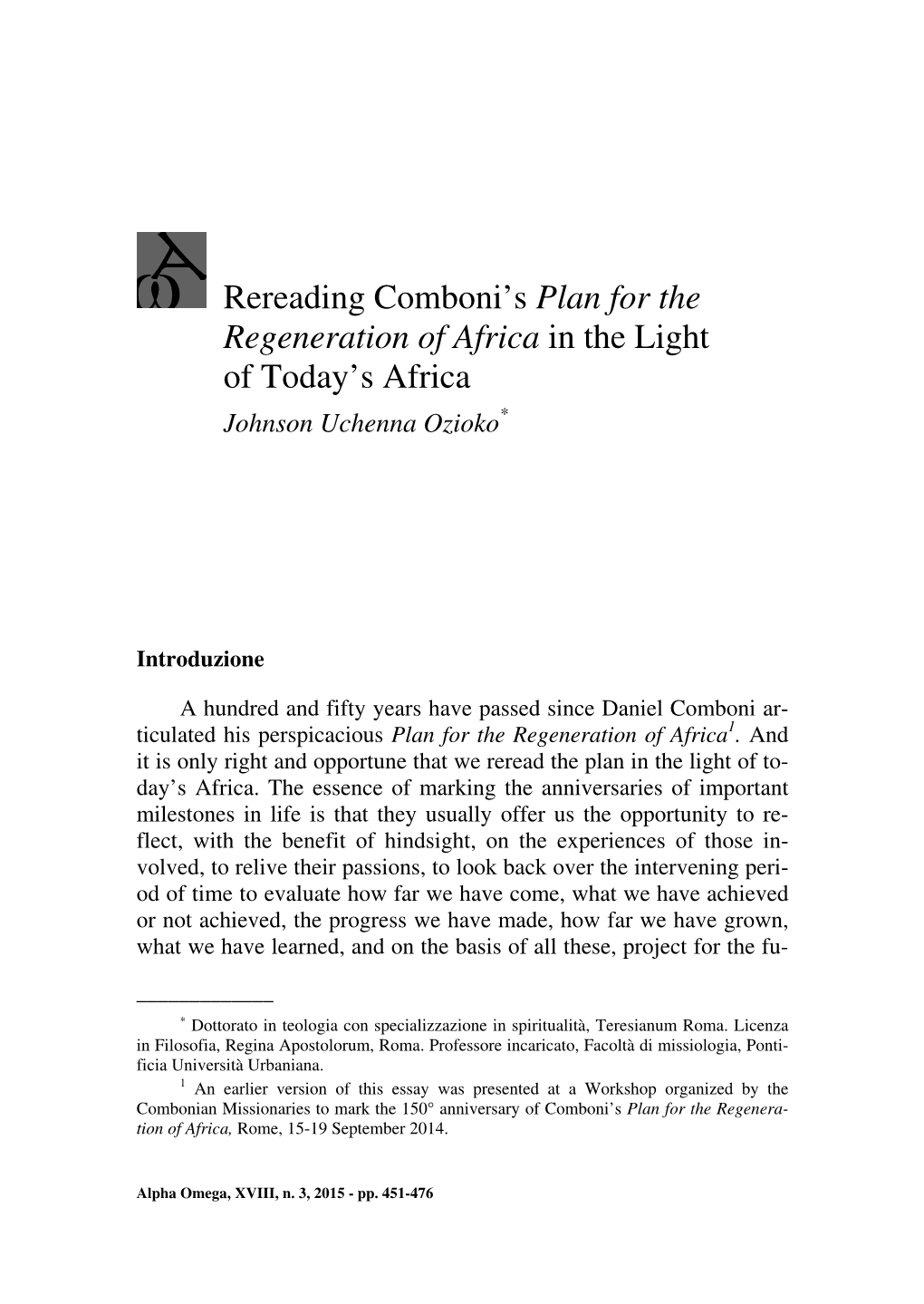Rereading Comboni's Plan for the Regeneration of Africa in the Light
