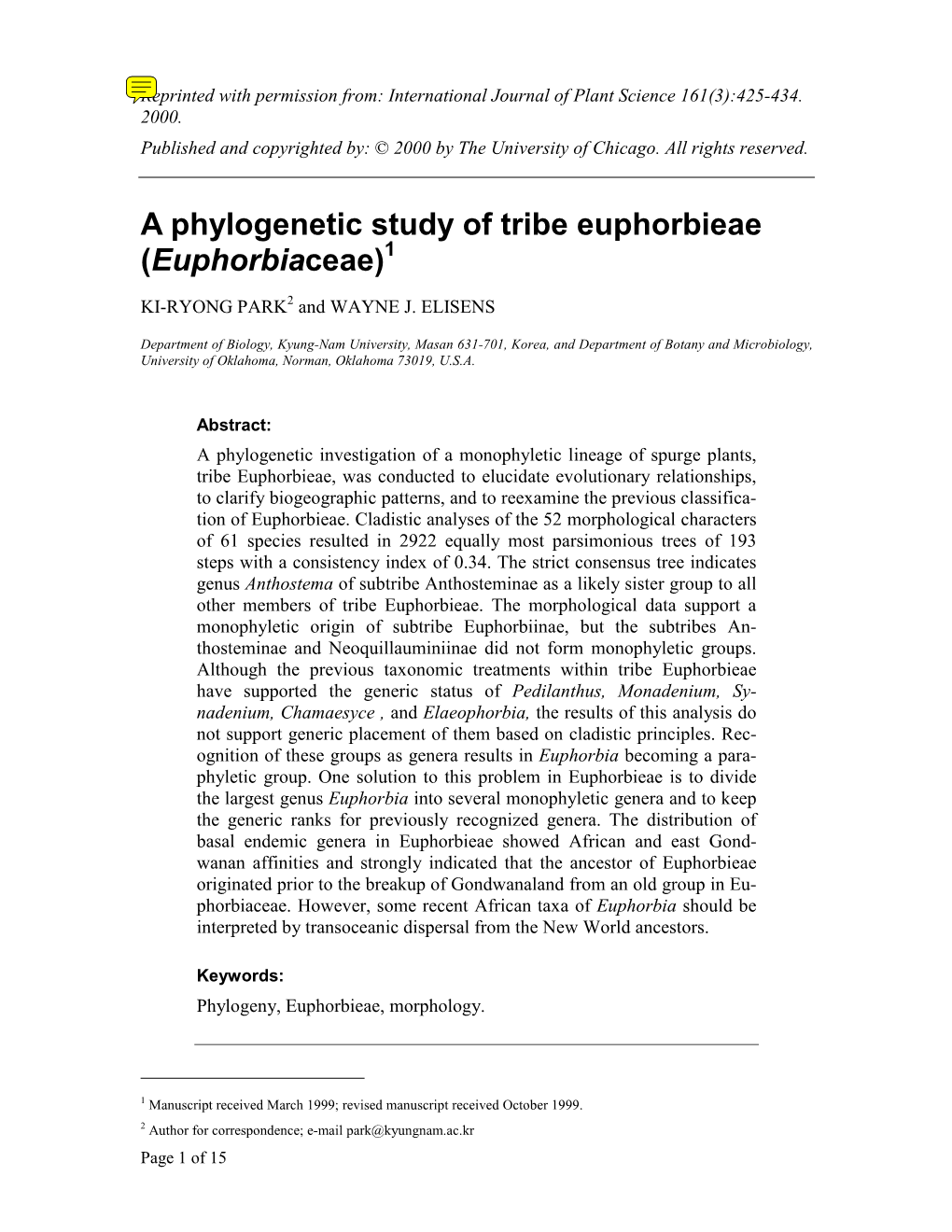 A Phylogenetic Study of Tribe Euphorbieae (Euphorbiaceae)1