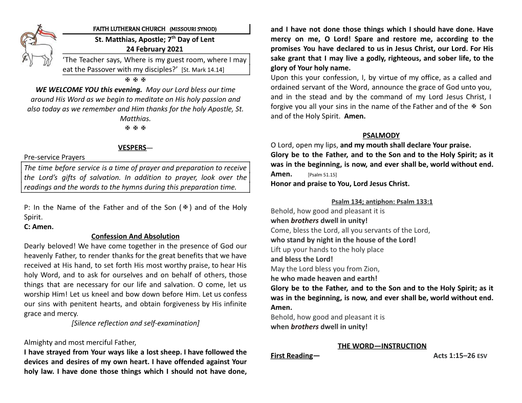 7Th Day of Lent/ St. Matthias--Vespers.Docx