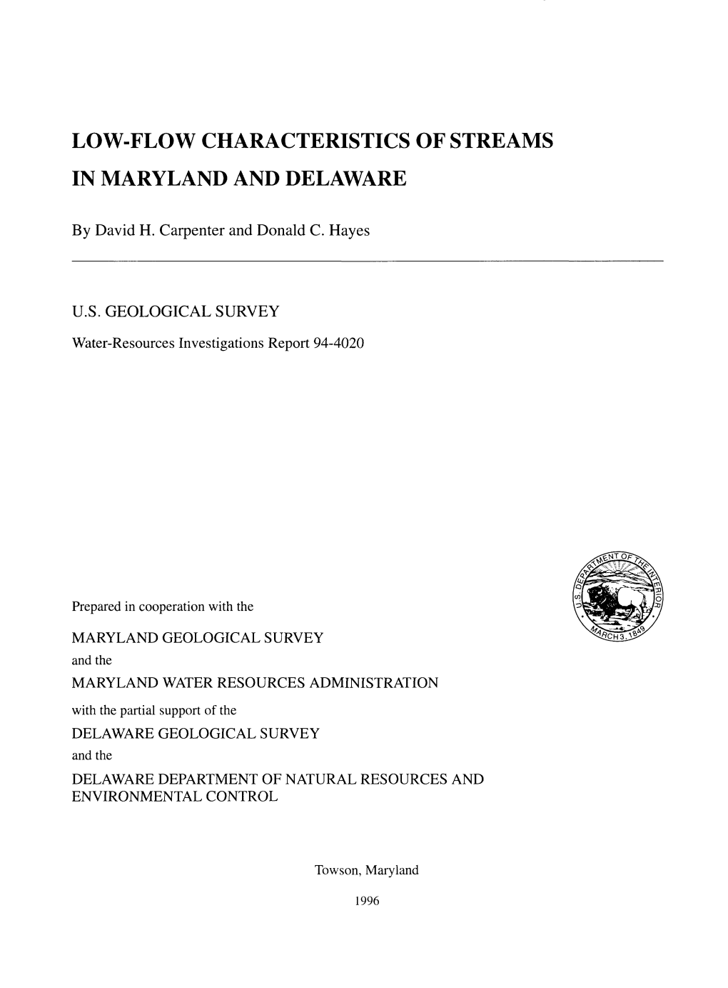 Low-Flow Characteristics of Streams in Maryland and Delaware