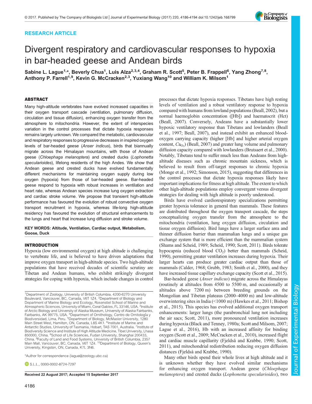 Divergent Respiratory and Cardiovascular Responses to Hypoxia in Bar-Headed Geese and Andean Birds Sabine L