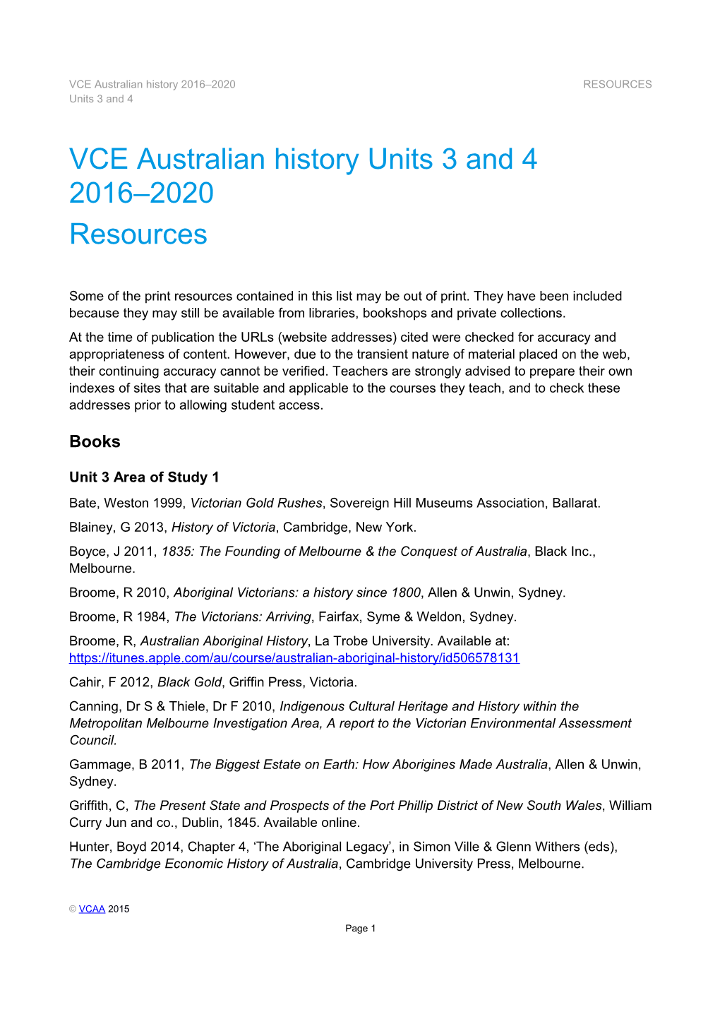 VCE Australian History 2016–2020 Resources