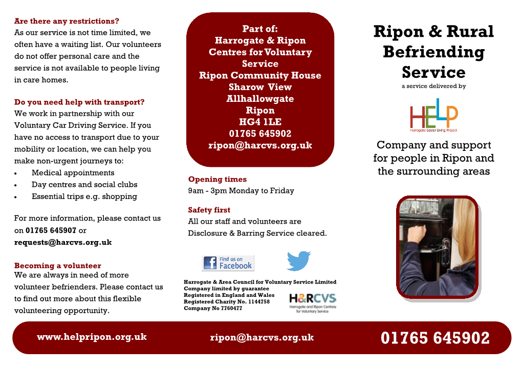 Ripon & Rural Befriending Service 01765 645902