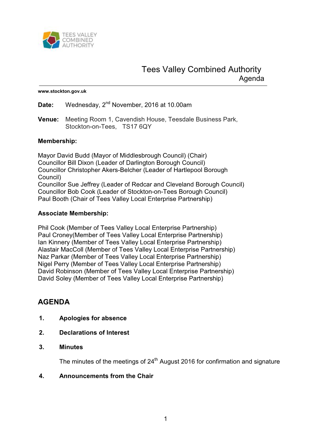 Tees Valley Combined Authority Agenda