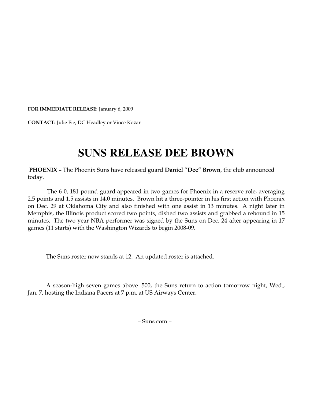 Suns Release Dee Brown
