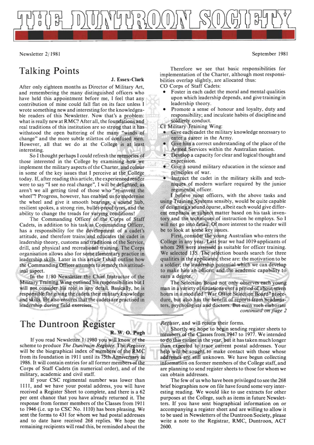 Talking Points the Duntroon Register