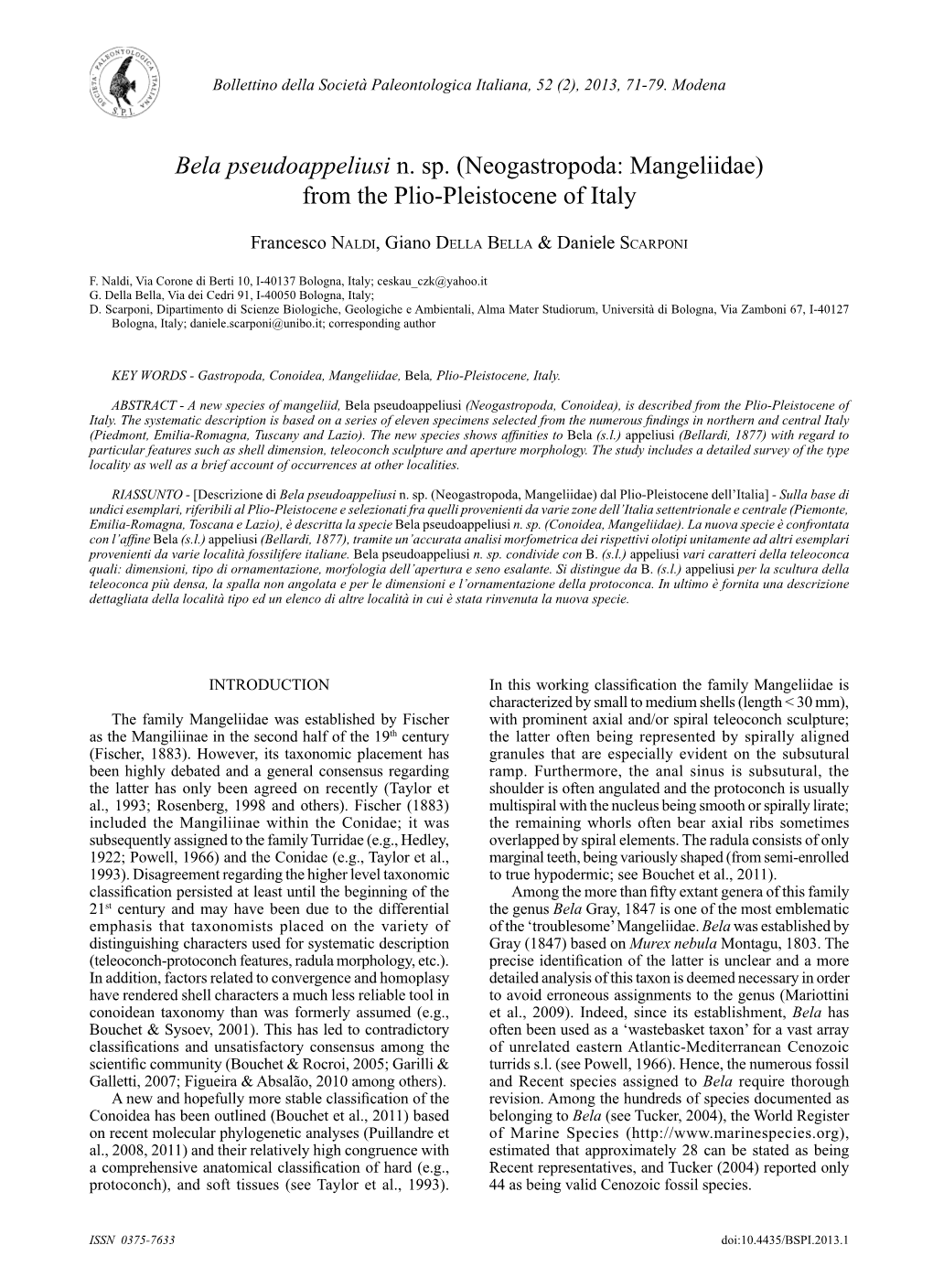 Bela Pseudoappeliusi N. Sp. (Neogastropoda: Mangeliidae) from the Plio-Pleistocene of Italy