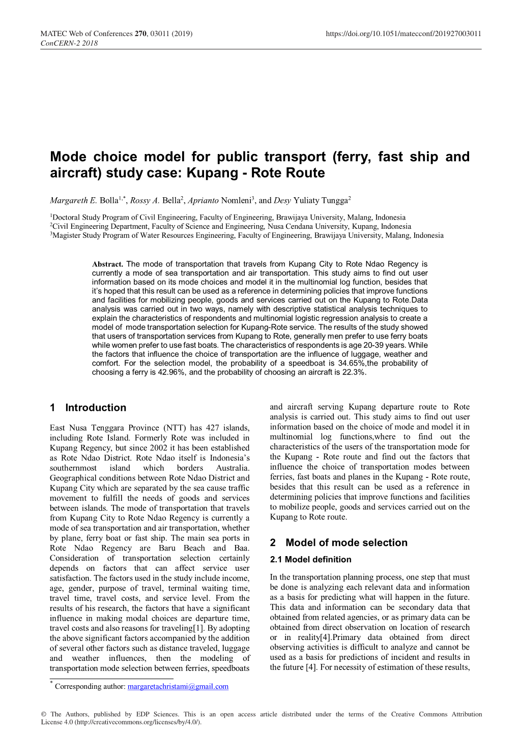 Mode Choice Model for Public Transport (Ferry, Fast Ship and Aircraft) Study Case: Kupang - Rote Route