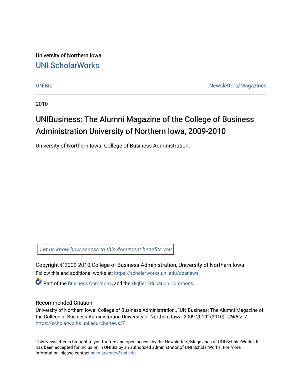 The Alumni Magazine of the College of Business Administration University of Northern Iowa, 2009-2010