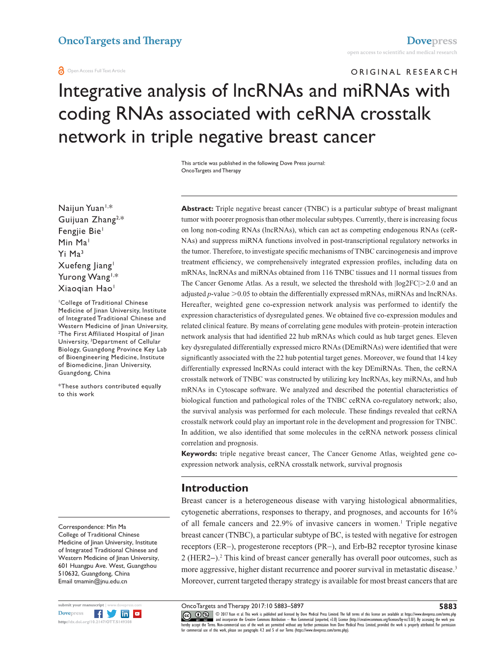 Integrative Analysis of Lncrnas and Mirnas with Coding Rnas Associated with Cerna Crosstalk Network in Triple Negative Breast Cancer