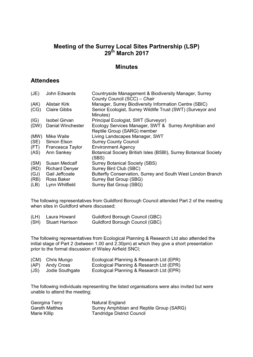 Meeting of the Surrey Local Sites Partnership (LSP) 29Th March 2017