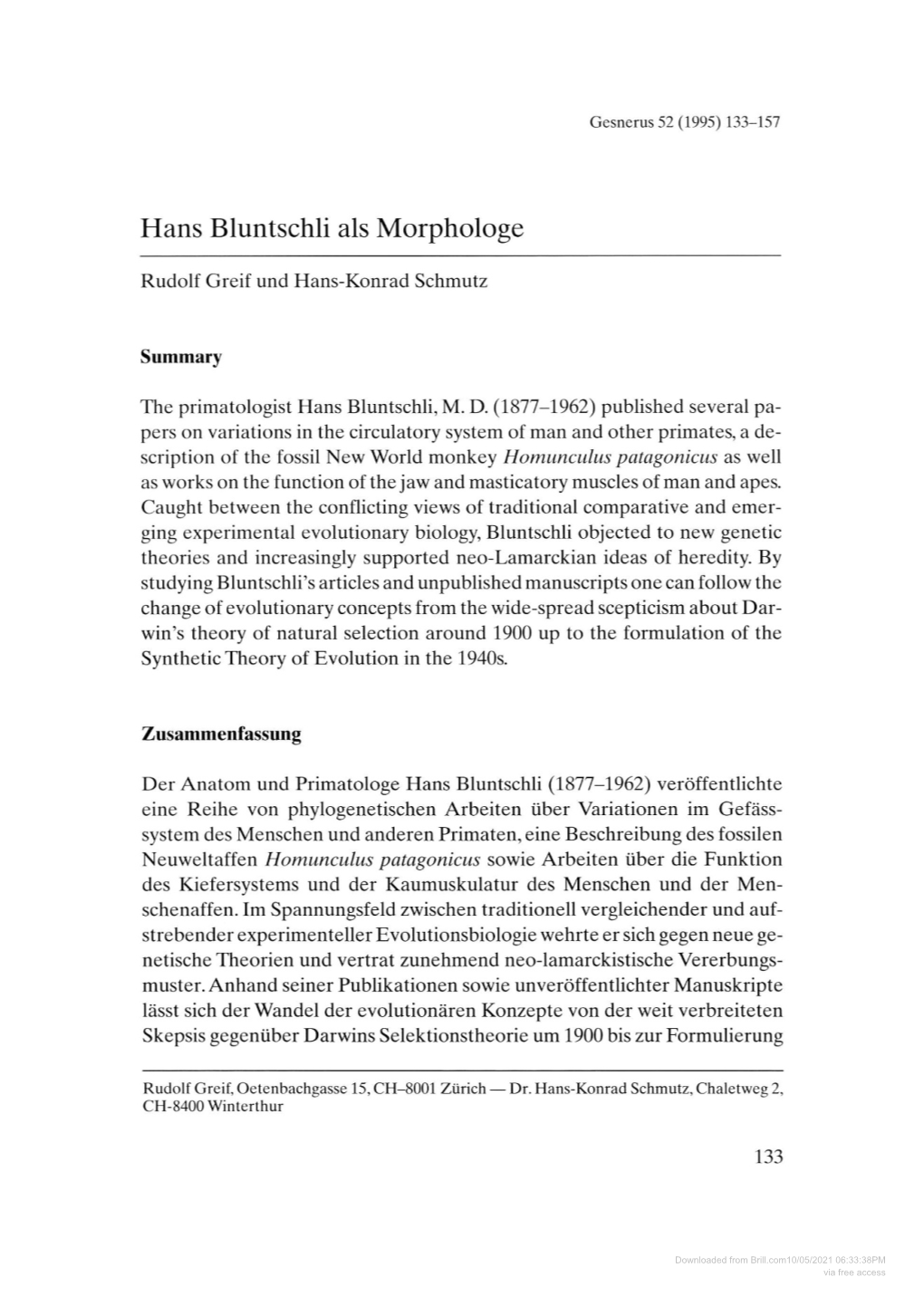 Hans Bluntschli Als Morphologe