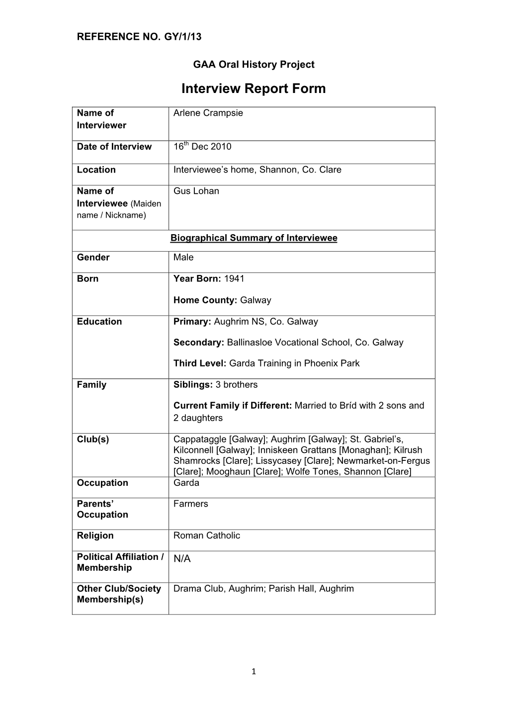 GAA Oral History Project Interview Report Form