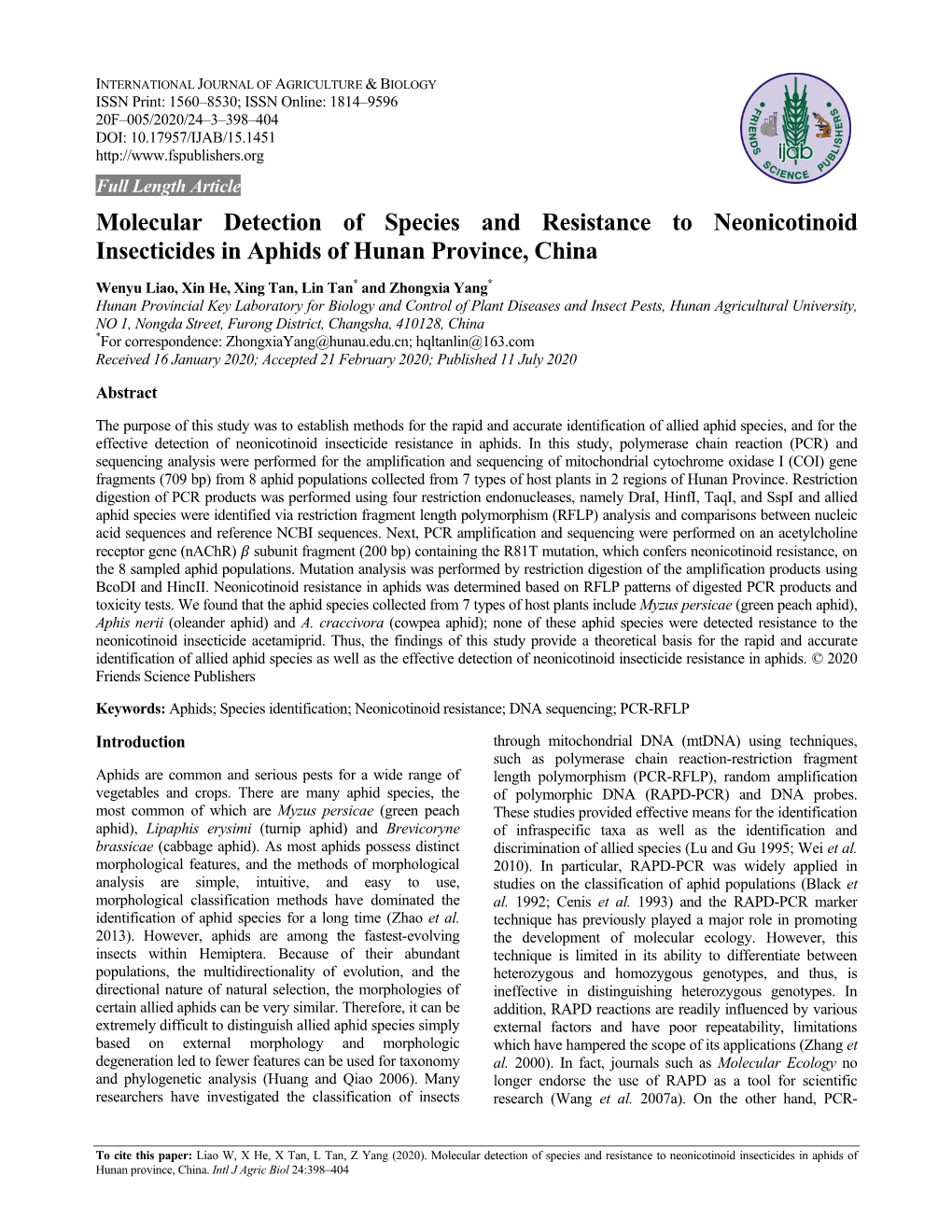 Molecular Detection of Species and Resistance to Neonicotinoid Insecticides in Aphids of Hunan Province, China