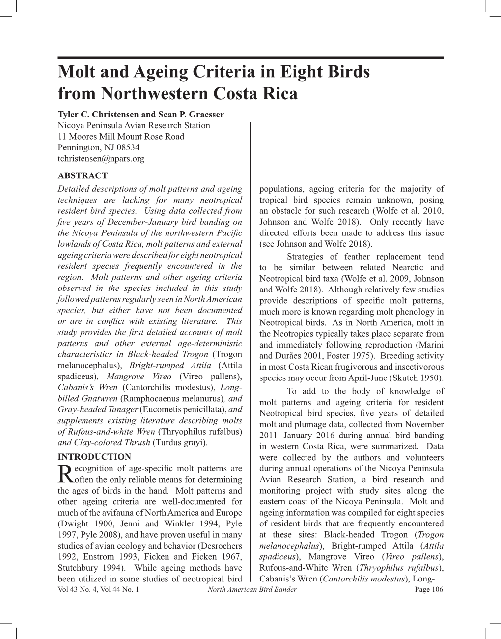 Molt and Ageing Criteria in Eight Birds from Northwestern Costa Rica Tyler C