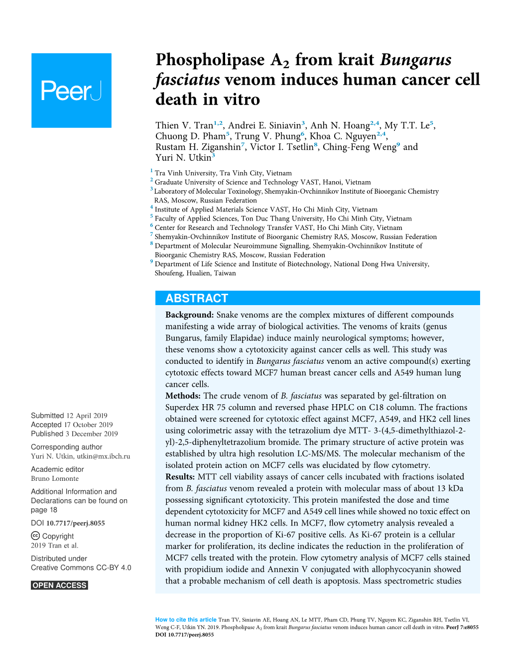 Phospholipase A2 from Krait Bungarus Fasciatus Venom Induces Human Cancer Cell Death in Vitro