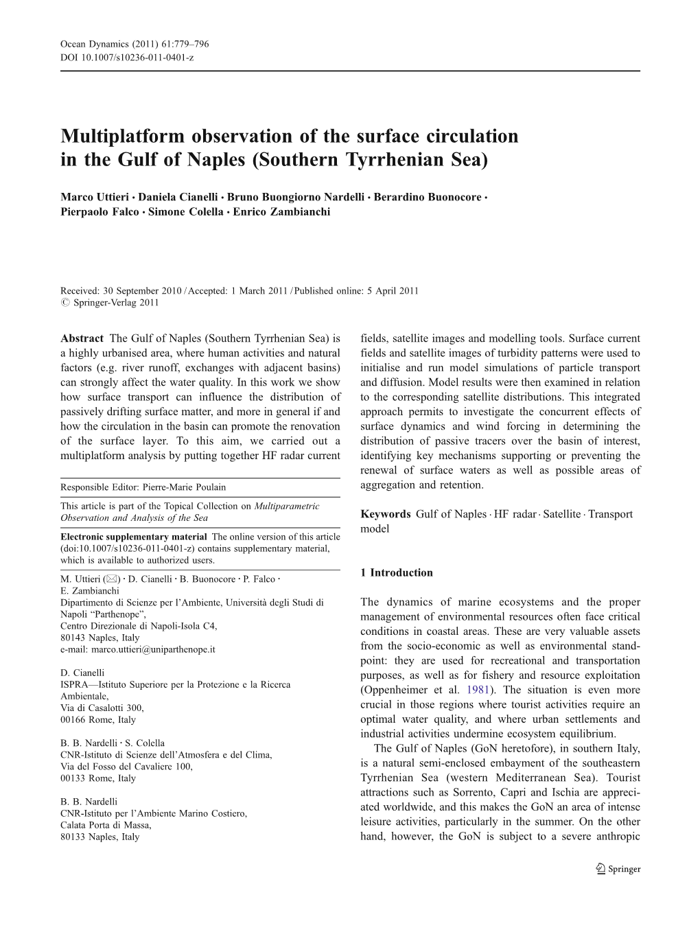 Multiplatform Observation of the Surface Circulation in the Gulf of Naples (Southern Tyrrhenian Sea)