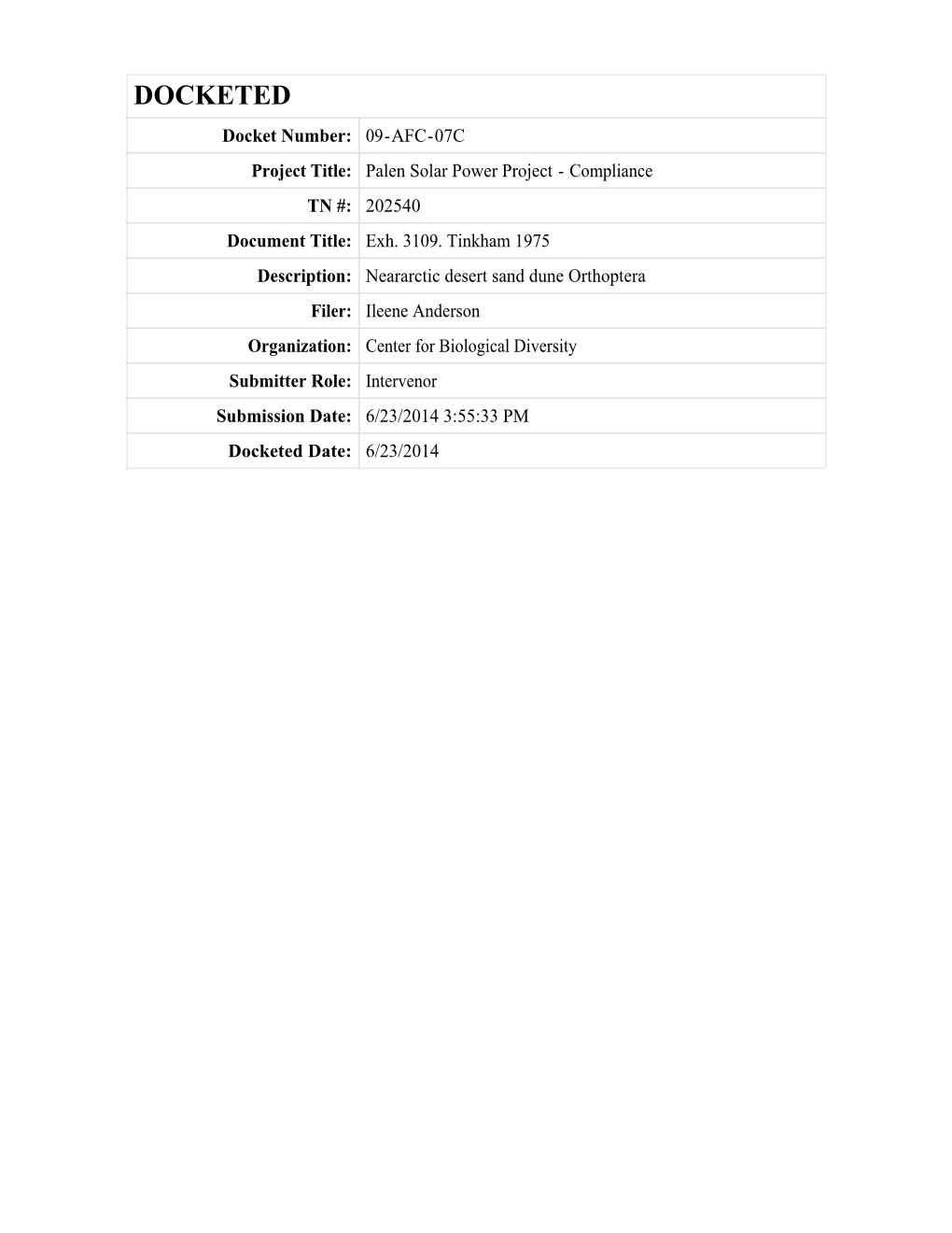 DOCKETED Docket Number: 09-AFC-07C Project Title: Palen Solar Power Project - Compliance TN #: 202540 Document Title: Exh