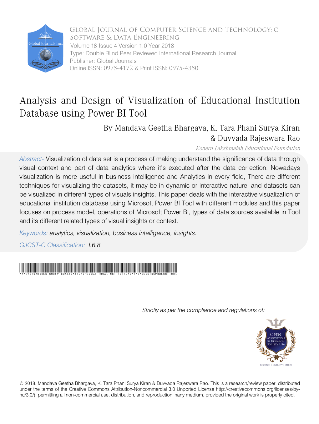 Analysis and Design of Visualization of Educational Institution Database Using Power BI Tool by Mandava Geetha Bhargava, K