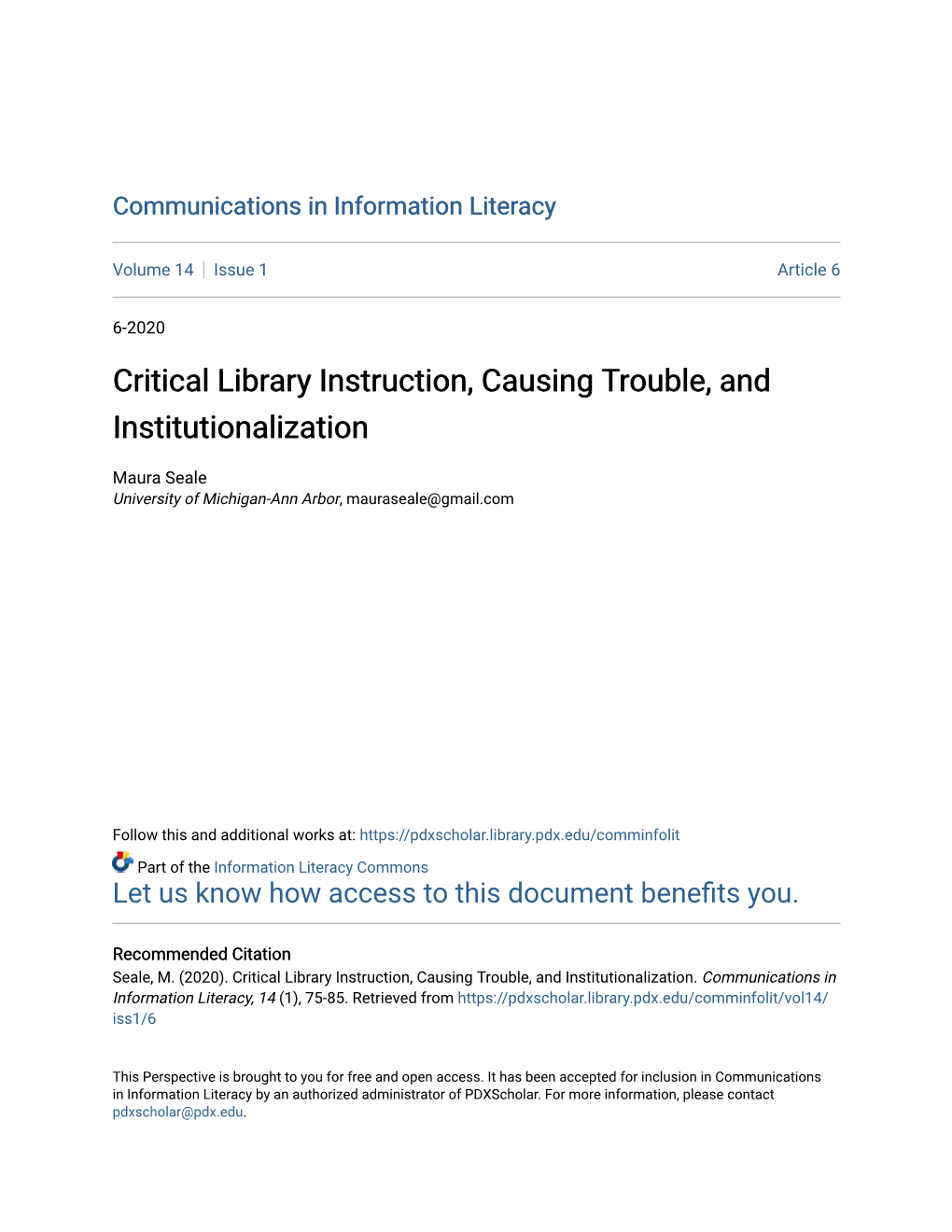 Critical Library Instruction, Causing Trouble, and Institutionalization