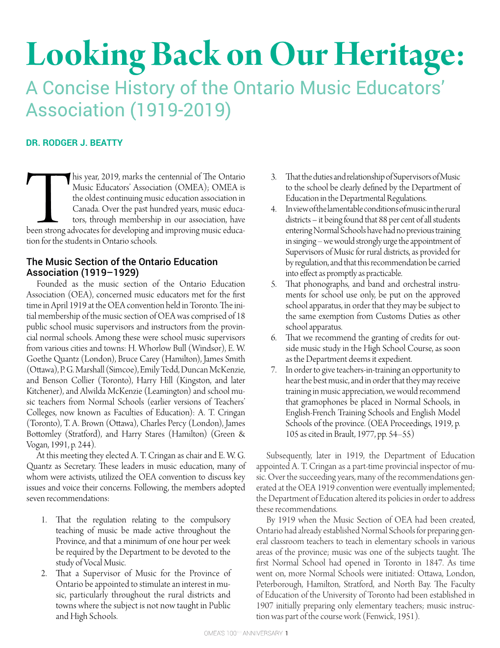 Looking Back on Our Heritage: a Concise History of the Ontario Music Educators’ Association (1919-2019)