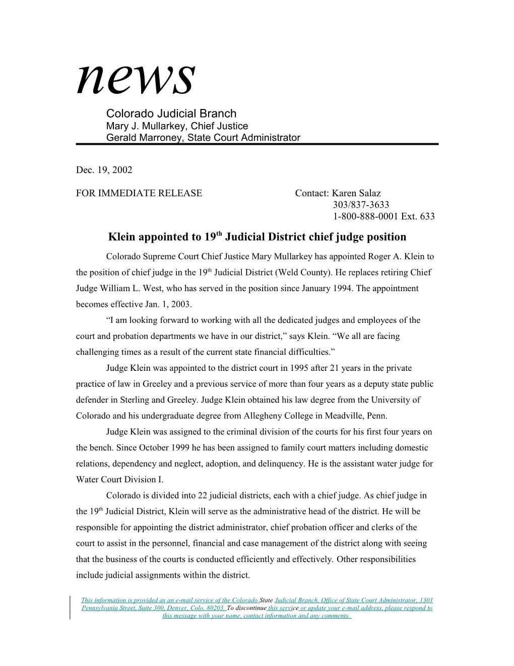 Klein Appointed to 19Th Judicial District Chief Judge Position