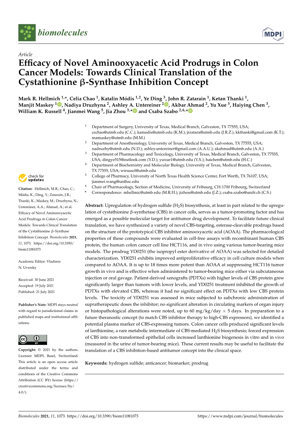 Efficacy of Novel Aminooxyacetic Acid Prodrugs in Colon Cancer Models