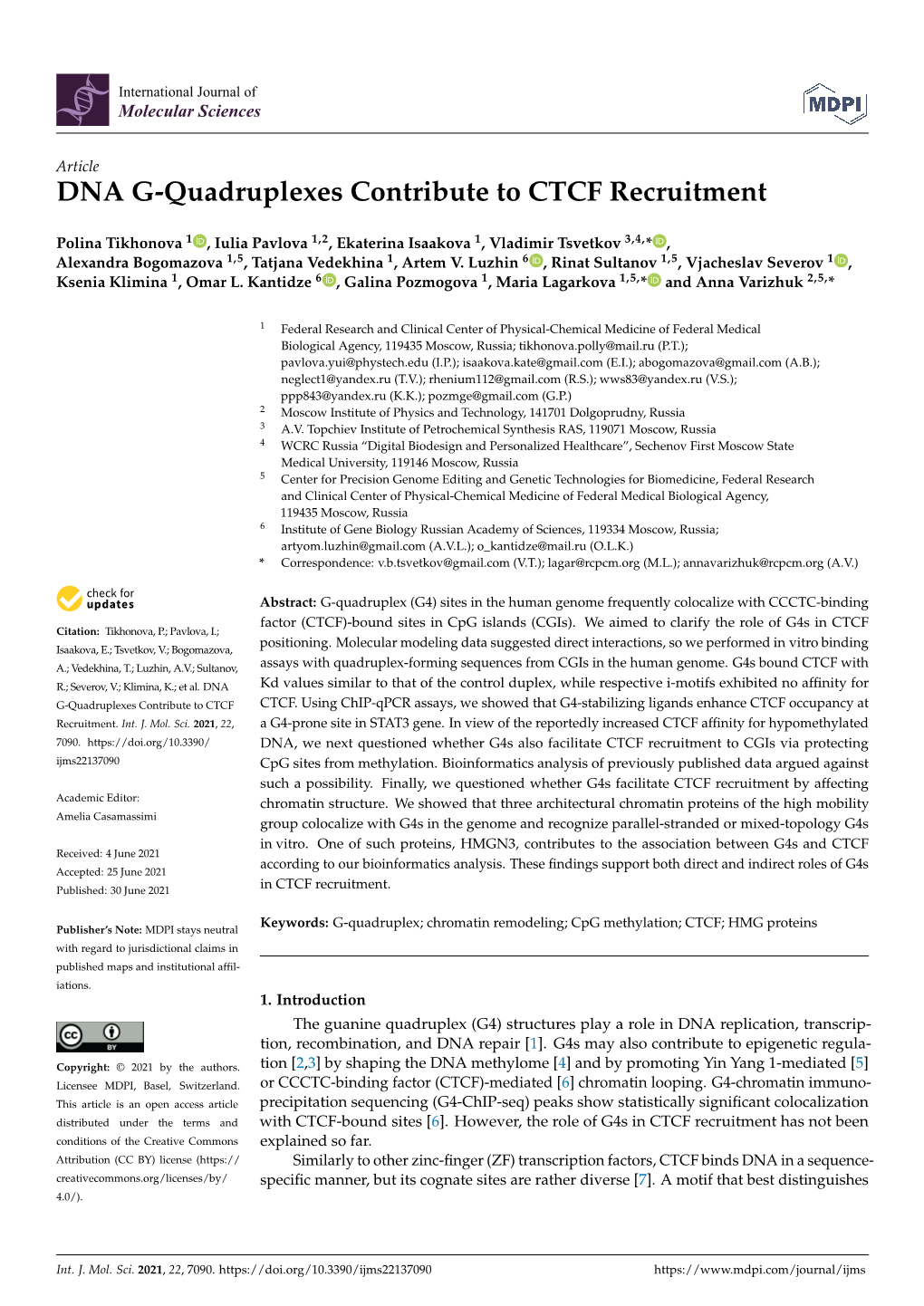 DNA G-Quadruplexes Contribute to CTCF Recruitment