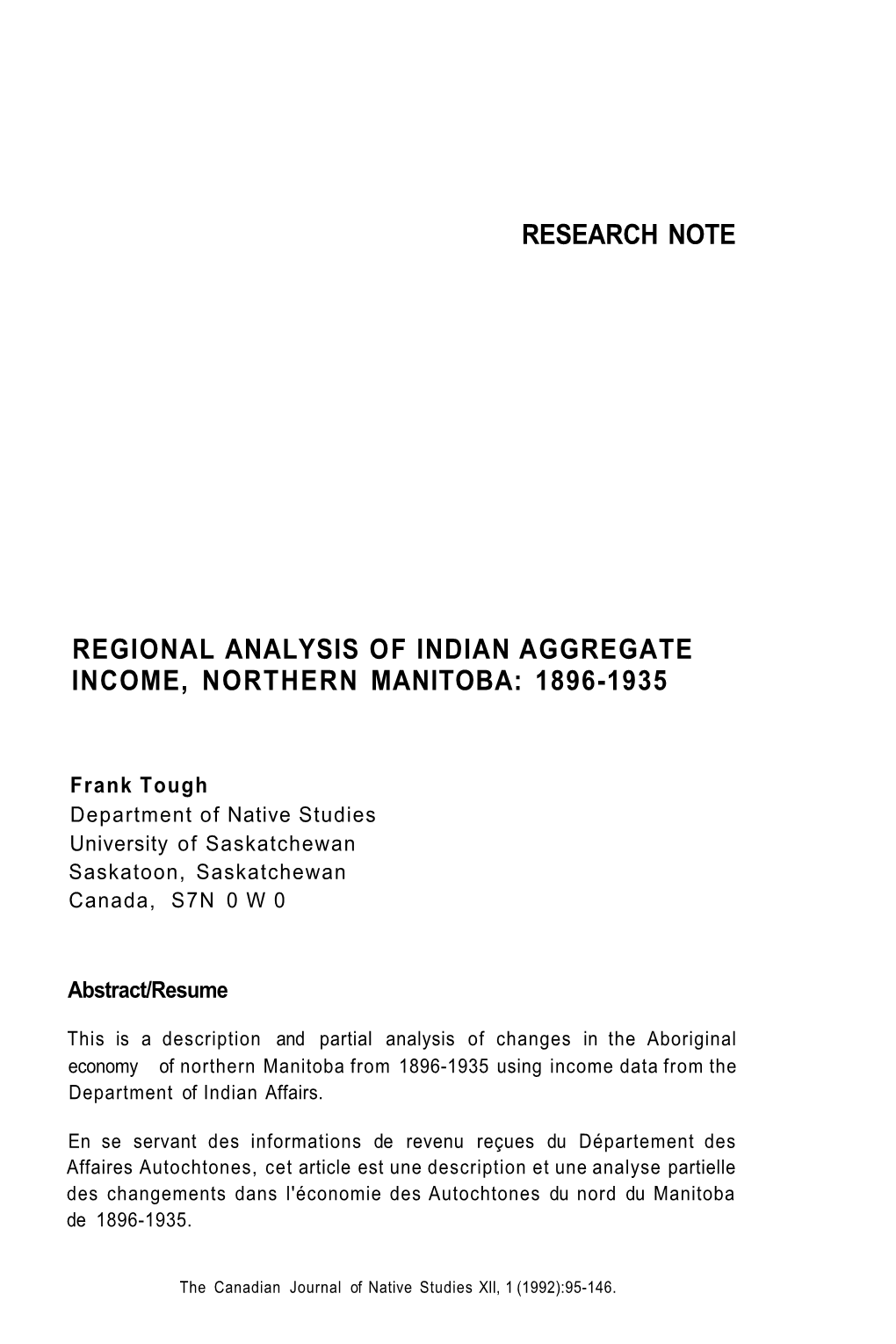 Regional Analysis of Indian Aggregate Income, Northern Manitoba: 1896-1935