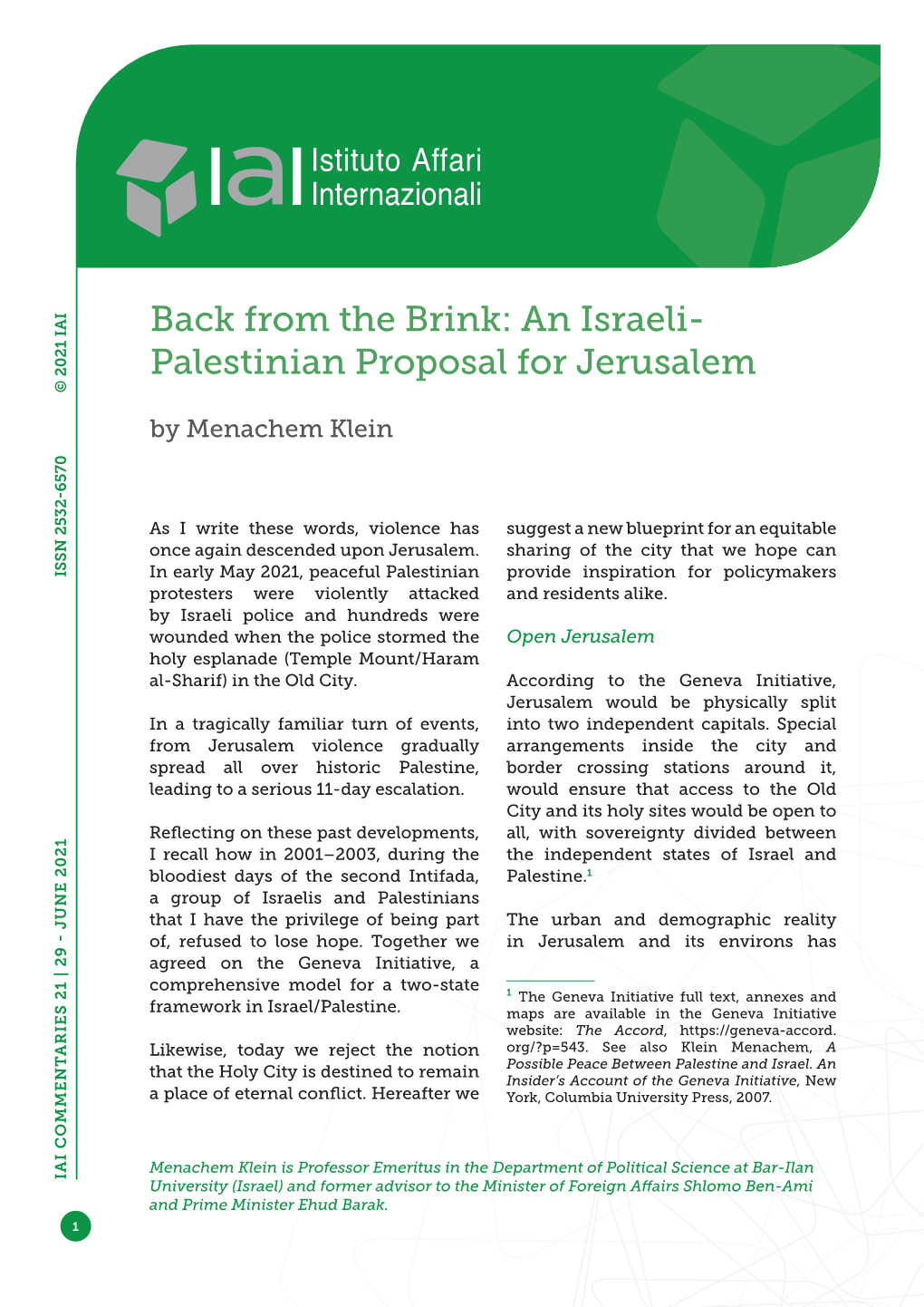 An Israeli-Palestinian Proposal for Jerusalem