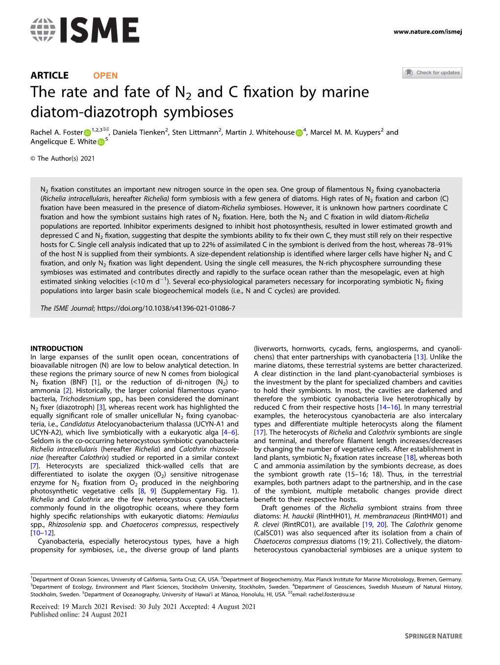 The Rate and Fate of N2 and C Fixation by Marine Diatom-Diazotroph