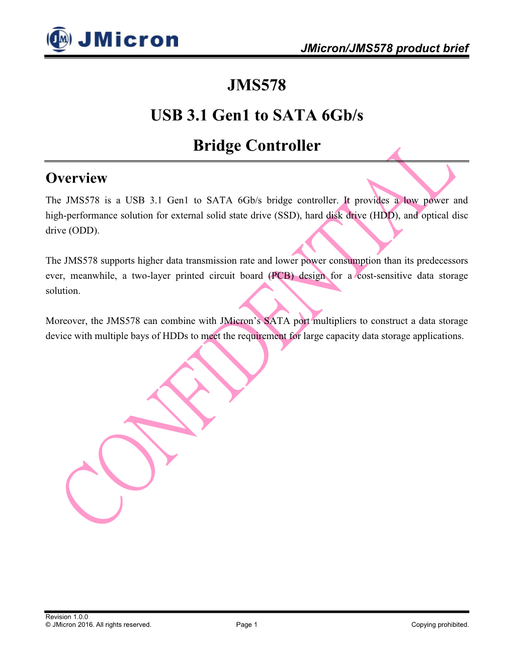JMS578 USB 3.1 Gen1 to SATA 6Gb/S Bridge Controller