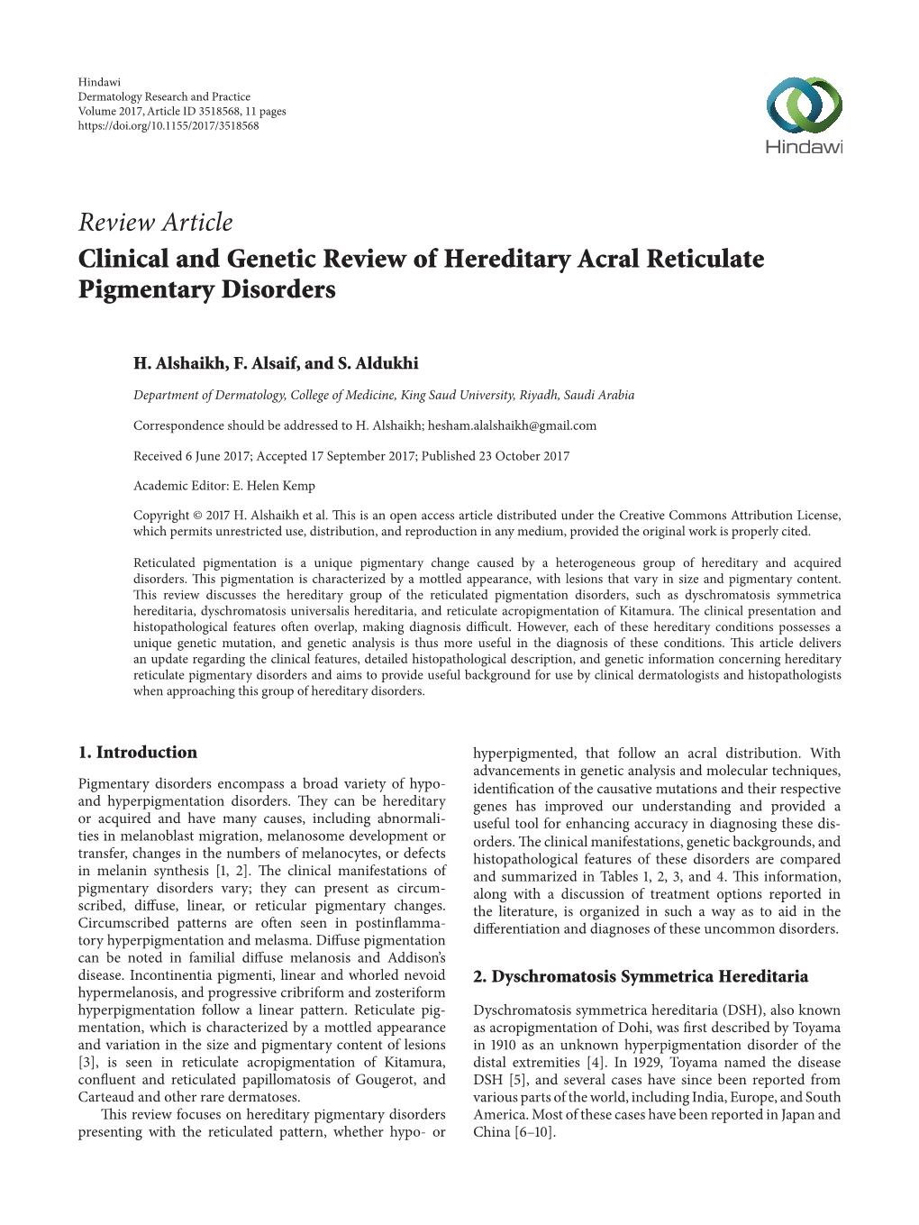 Review Article Clinical and Genetic Review of Hereditary Acral Reticulate Pigmentary Disorders