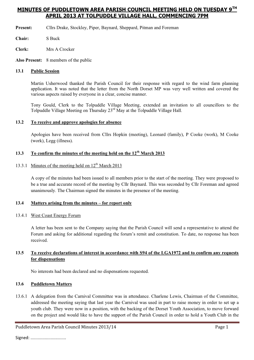 Minutes of Puddletown Area Parish Council Meeting Held on Tuesday 9Th April 2013 at Tolpuddle Village Hall, Commencing 7Pm