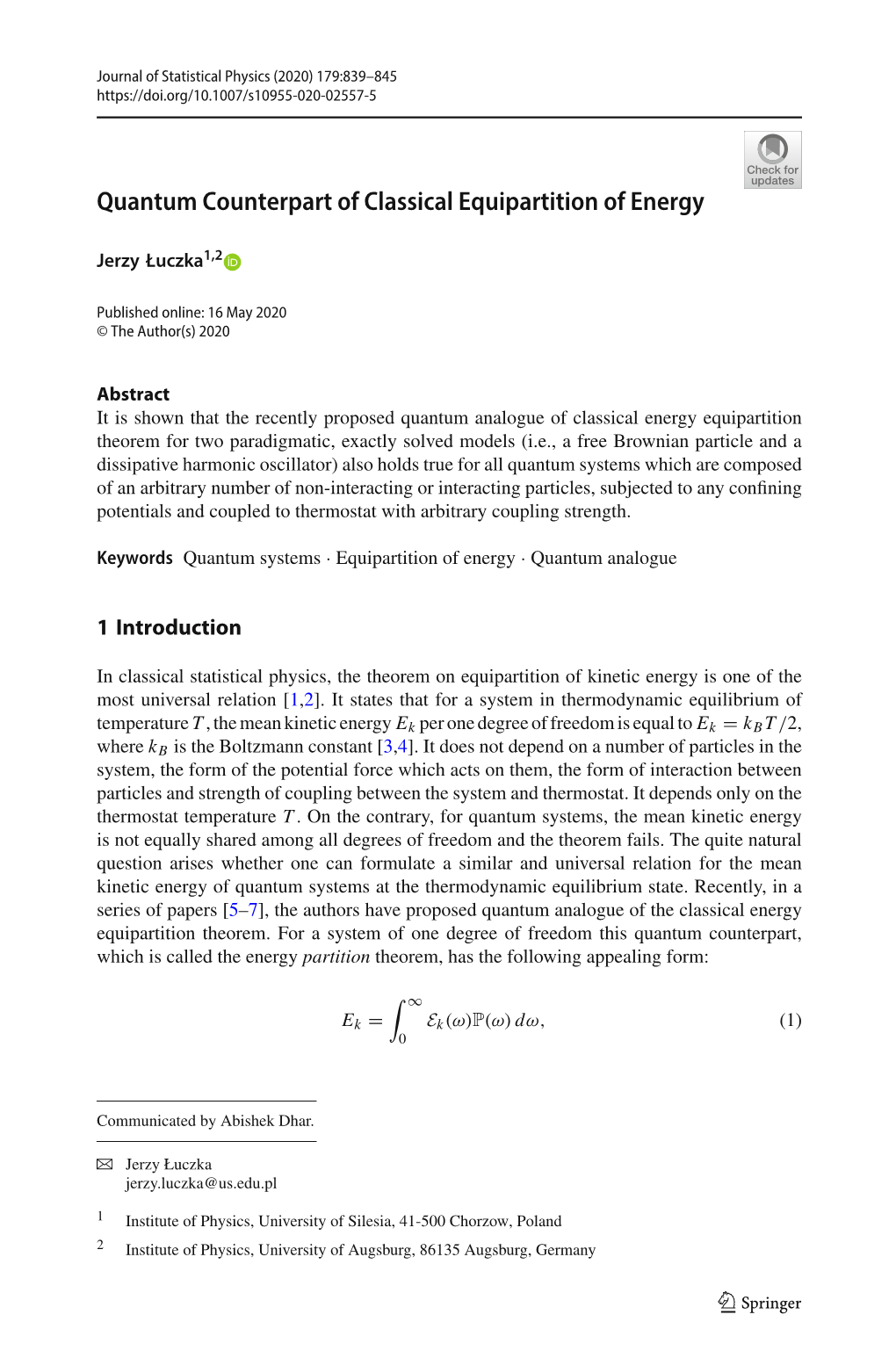 Quantum Counterpart of Classical Equipartition of Energy