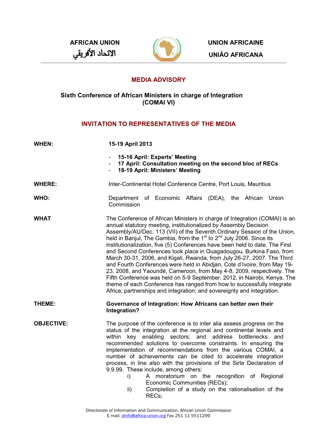 Sixth Conference of African Ministers in Charge of Integration (COMAI VI)